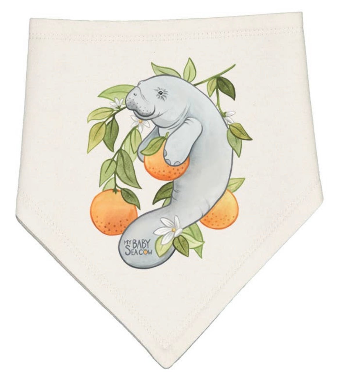 Bandana Style Bib with a manatee hugging an orange, with the words 'My Baby Seacow' - RiverRiseCattleCo