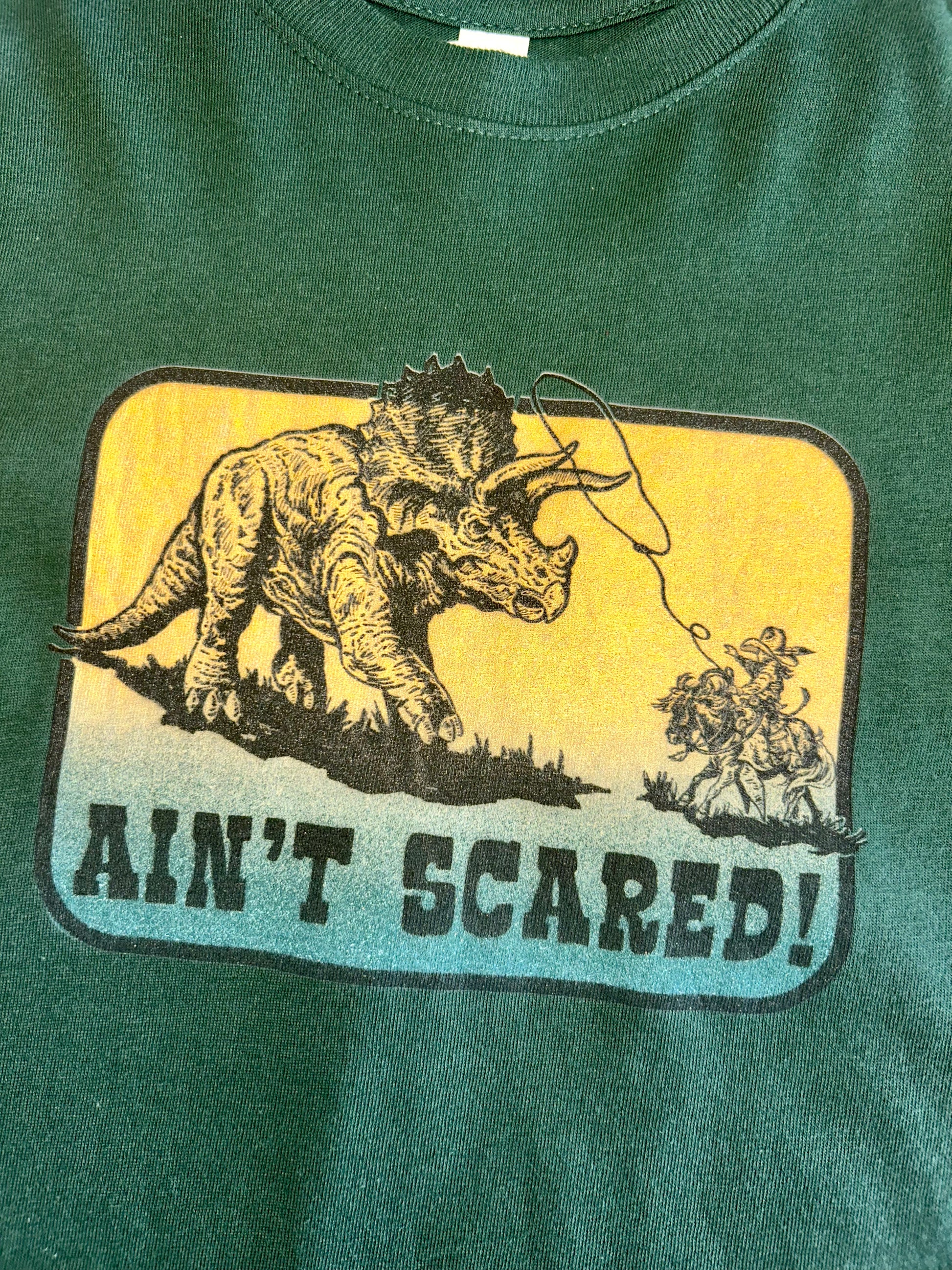 A Unisex fit t-shirt for toddlers and youth. A depiction of a cowboy roping a dinosaur on the front with the words 'Ain't Scared!'. 